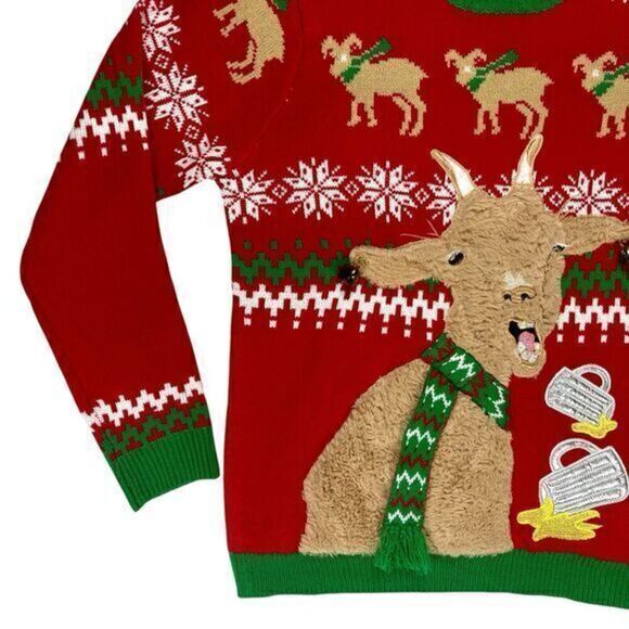 JOLLY SWEATERS Goat drinking Beer Ugly Christmas Sweater Holiday Unisex L Red - Picture 3 of 15